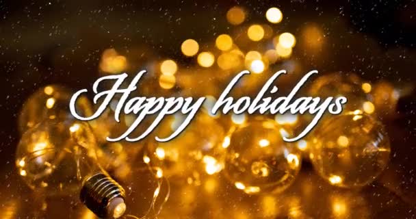 明るい電球が付いているクリスマスの装飾上の幸せな休日のテキストのアニメーション クリスマス お祭り お祝い 伝統的なコンセプトデジタル生成ビデオ — ストック動画