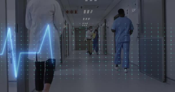 Animation Heart Rate Monitor Diverse Doctors Healthworkers Running Hospital Corridor — Stock Video