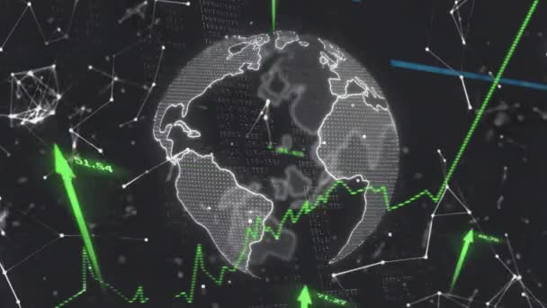 Animation Arrows Data Processing Globe Network Connections Black Background Global — Stock Video