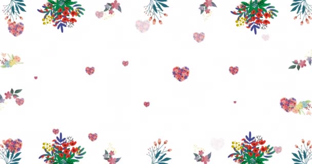 Κινούμενα Σχέδια Πολλαπλών Καρδιών Λουλουδιών Πάνω Από Κινούμενα Λουλούδια Λευκό — Αρχείο Βίντεο