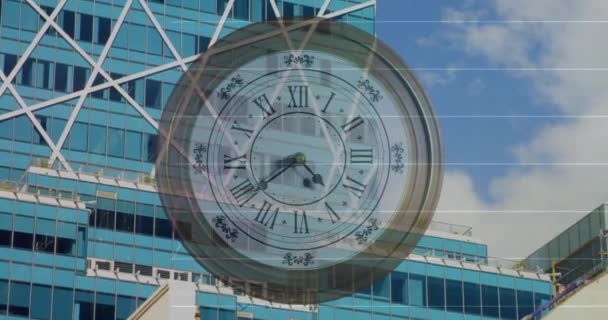Animación Del Procesamiento Datos Financieros Través Reloj Tictac Ciudad Finanzas — Vídeo de stock