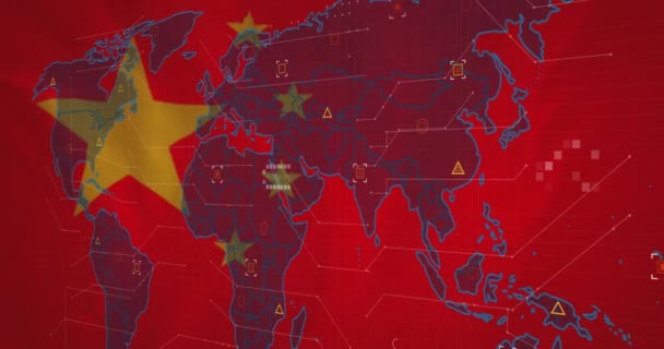 中国の旗の背景を振ることに対するワールドマップとデータ処理のアニメーション 愛国主義とビジネス技術のコンセプト — ストック動画