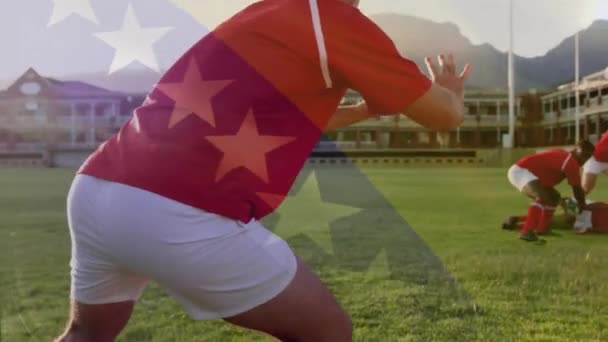 Animatie Van Vlag Van Bosnië Herzegovina Diverse Mannelijke Rugbyspelers Spelen — Stockvideo