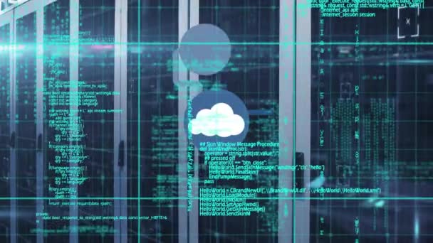 Animación Iconos Nube Procesamiento Datos Través Servidores Informáticos Seguridad Global — Vídeos de Stock