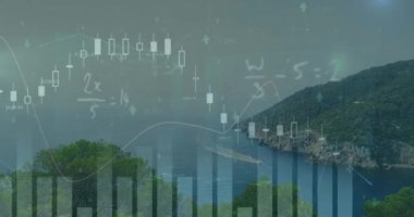 Sahilde grafik ve veri işleme animasyonu. Bağlantı, ağ, veri, dijital arayüz ve küresel iletişim, dijital olarak oluşturulmuş video.