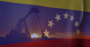 Petrol kulesi ve Venezuela bayrağı animasyonu. Küresel finans, iş, bağlantılar, hesaplama ve veri işleme kavramı dijital olarak oluşturulmuş video.