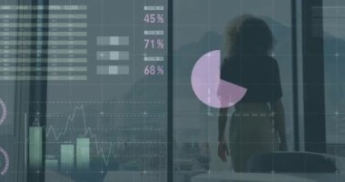Pencereden bakan Afro-Amerikan iş kadınının finansal veri işleme animasyonu. Küresel iş, finans, bilgisayar ve dijital arayüz kavramı dijital olarak oluşturulmuş video.