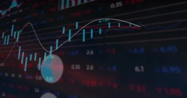 Kara fon üzerinde veri işleme, diyagramlar ve borsa animasyonları. Küresel iş, teknoloji ve dijital arayüz kavramı, dijital olarak oluşturulmuş video.