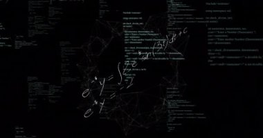 Matematiksel veri işlemenin siyah arkaplan üzerindeki animasyonu. Küresel bilim, işletme, finans, bağlantılar, hesaplama ve veri işleme kavramı dijital olarak oluşturulmuş video.