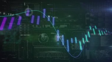 Karanlık arka planda finansal veri işleme animasyonu. Küresel finans, iş, bağlantılar, hesaplama ve veri işleme kavramı dijital olarak oluşturulmuş video.