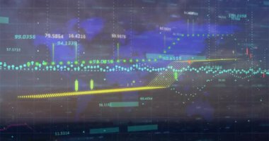 Veri işleme, diyagramlar ve şehir haritasının animasyonu. Küresel iş, teknoloji ve dijital arayüz kavramı, dijital olarak oluşturulmuş video.