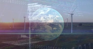 Küresel ve rüzgar türbinlerinde finansal veri işleme animasyonu. Küresel rüzgar enerjisi, iş, bağlantılar, hesaplama ve veri işleme kavramı dijital olarak oluşturulmuş video.