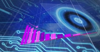 Şebeke üzerinde istatistik ve veri işleme animasyonu. Dijital olarak oluşturulmuş küresel bağlantılar, hesaplama ve veri işleme kavramı.