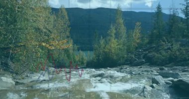 Veri işleme, borsa ve manzara üzerindeki diyagramların animasyonu. Küresel iş, doğa ve dijital arayüz kavramı, dijital olarak oluşturulmuş video.