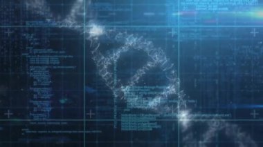 Mavi arkaplan üzerinde DNA iplikçiklerinin dönmesi ve veri işleme animasyonu. Küresel bilim, araştırma, bağlantılar, hesaplama ve veri işleme kavramı dijital olarak oluşturulmuş video.