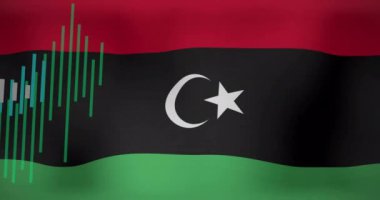 Libya bayrağı üzerinde grafik ve işlem verilerinin animasyonu. Ulusal ekonomi, seyahat, veri, finans, dijital arayüz, iş ve iletişim, dijital olarak oluşturulmuş video.