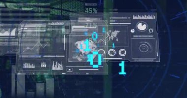 İkili kodlama ve arayüz ekran işleme verilerinin bilgisayar sunucu odasında canlandırılması. Veri, ağ, dijital arayüz ve küresel iletişim, dijital olarak oluşturulmuş video.