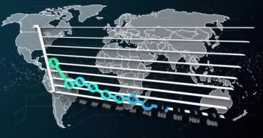 Veri işleme ve dünya haritasının üzerindeki DNA iplikçiklerinin animasyonu. Küresel bilim, araştırma, bağlantılar, hesaplama ve veri işleme kavramı dijital olarak oluşturulmuş video.