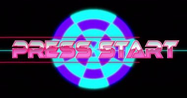 Basın başlangıç metninin canlandırması ve siyah arkaplan üzerinde mavi şekiller. Soyut arkaplan ve dijital arayüz kavramı, dijital olarak oluşturulmuş video.