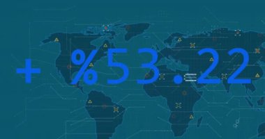 Mavi dünya haritası üzerinde yüzdelik metin ve veri işleme animasyonu. Veri, iş, istatistik, dijital arayüz ve küresel iletişim, dijital olarak oluşturulmuş video.