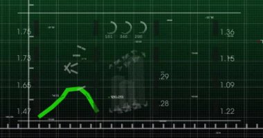 Yeşil arkaplanda veri işleme animasyonu. Küresel teknoloji, bilgisayar ve dijital arayüz kavramı dijital olarak oluşturulmuş video.