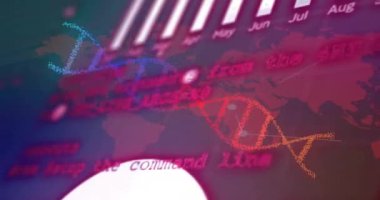 Veri işleme üzerinde DNA iplikçiklerinin canlandırılması ve kara fon üzerinde dünya haritası. Bilim, teknoloji, bilgisayar ve dijital arayüz konsepti dijital olarak oluşturulmuş video.