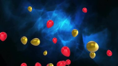 Siyah zemin üzerinde aydınlatılmış soyut desen üzerine altın ve kırmızı balonların animasyonu. Dijital kompozit, çoklu pozlama, soyut, dekorasyon, parti, olay ve kutlama konsepti.
