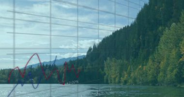 Veri işleme, borsa ve manzara üzerindeki diyagramların animasyonu. Küresel iş, doğa ve dijital arayüz kavramı, dijital olarak oluşturulmuş video.