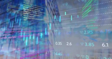 Lowangle view of high buding 'e karşı istatistiksel ve borsa veri işleme animasyonu. Küresel ekonomi ve iş veri teknolojisi kavramı