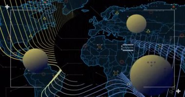Dünya haritasının animasyonu ve kara arka planda veri işleme. Küresel finans, iş, bağlantılar, hesaplama ve veri işleme kavramı dijital olarak oluşturulmuş video.