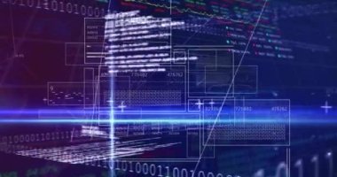 Siyah arkaplanda veri işleme animasyonu. Küresel teknoloji, bilgisayar ve dijital arayüz kavramı dijital olarak oluşturulmuş video.