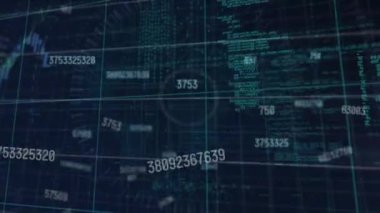 Karanlık arka planda finansal veri işleme sisteminin animasyonu. Küresel finans, iş, bağlantılar, hesaplama ve veri işleme kavramı dijital olarak oluşturulmuş video.