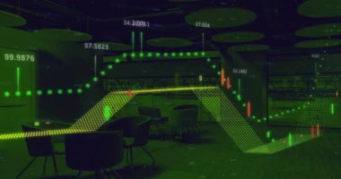 Ofis üzerinde istatistik ve finansal veri işleme animasyonu. Küresel finans, iş, bağlantılar, hesaplama ve veri işleme kavramı dijital olarak oluşturulmuş video.