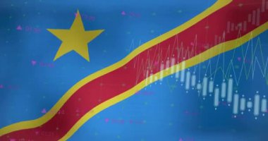 Demokratik Kongo Cumhuriyeti bayrağı üzerinde veri işleyen grafiklerin animasyonu. Ulusal ekonomi, seyahat, veri, finans, dijital arayüz, iş ve iletişim, dijital olarak oluşturulmuş video.