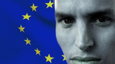 eu bayrağı üzerinde beyaz adam animasyonu. Vatanseverlik, bayraklar ve yaşam tarzı konsepti dijital olarak oluşturulmuş video.