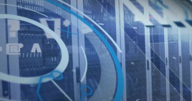 Animation of scope scanning and data processing over server room. Global technology, computing and digital interface concept digitally generated video.