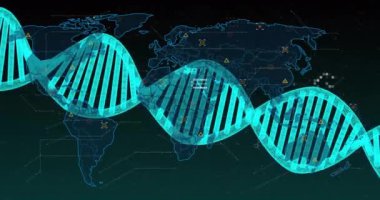 Veri işleme ve dünya haritasının üzerindeki DNA iplikçiklerinin animasyonu. Küresel bilim, araştırma, bağlantılar, hesaplama ve veri işleme kavramı dijital olarak oluşturulmuş video.