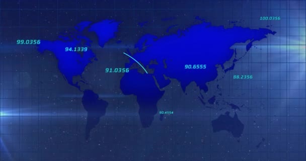 어두운 배경에서 지도와 데이터 처리의 애니메이션 글로벌 디지털 인터페이스 컴퓨팅 — 비디오