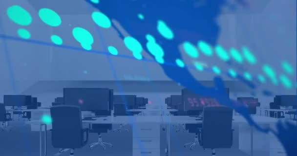 机や椅子にコンピュータを置いたオフィスでの金融データ処理のアニメーション グローバルファイナンス ビジネス コネクション コンピューティング データ処理コンセプトデジタル生成ビデオ — ストック動画