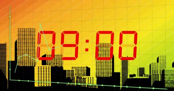 Анимация Рамов Обратный Отсчет Времени Над Городом Концепция Глобального Бизнеса Стоковое Видео