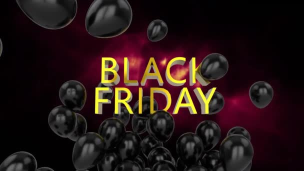 在黑色星期五的文字上动画气球 并在黑色背景上照亮抽象图案 数码合成 多重曝光 营销和庆祝理念 — 图库视频影像