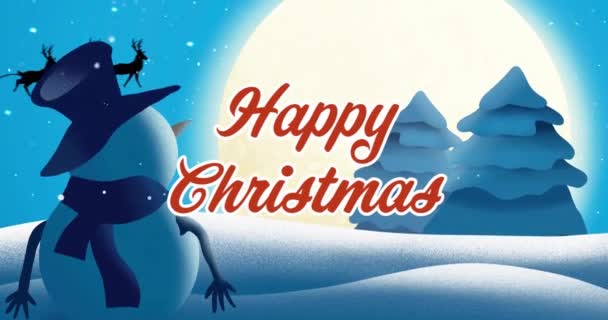 Animace Veselého Vánočního Textu Nad Sněhulákem Santa Claus Saních Zimním — Stock video