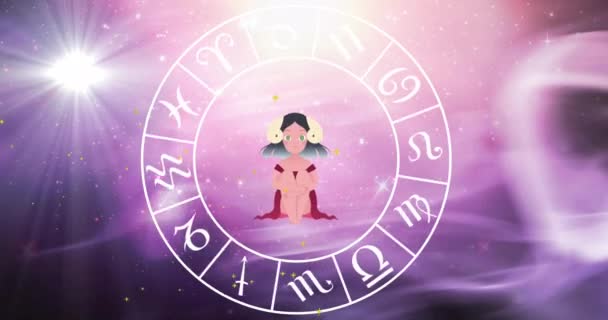Animación Del Signo Estrella Virgo Rueda Del Zodiaco Cielo Nocturno — Vídeo de stock