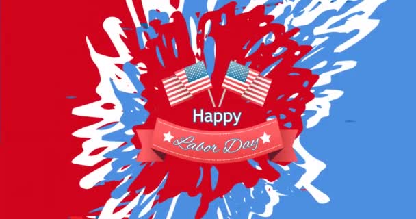 Animasi Teks Hari Kerja Bahagia Dan Bendera Amerika Atas Percikan — Stok Video
