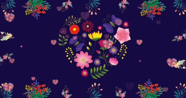 Animation Von Blumen Die Sich Über Blumenherzen Auf Blauem Hintergrund — Stockvideo