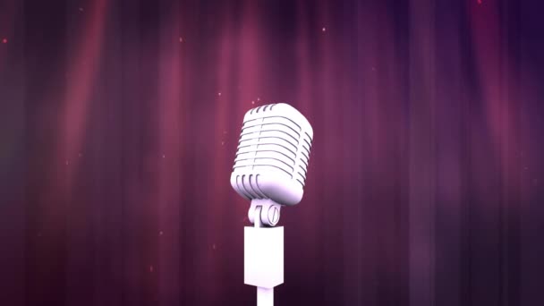 暗い赤い劇場カーテンの前でレトロマイクのスポットライトのアニメーション エンターテインメント ステージ イベントがデジタル生成されたビデオ — ストック動画