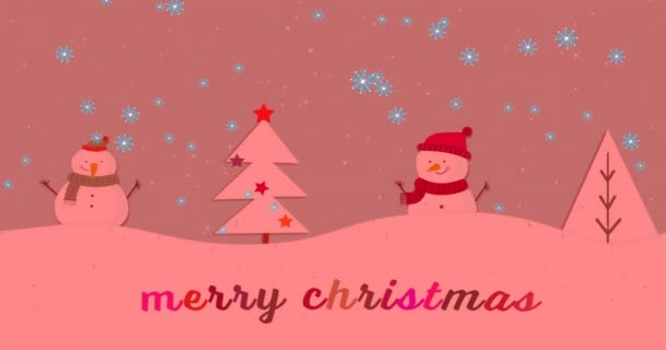 Animatie Van Vrolijke Kersttekst Sneeuwval Sneeuwpop Het Winterlandschap Kerst Festiviteit — Stockvideo