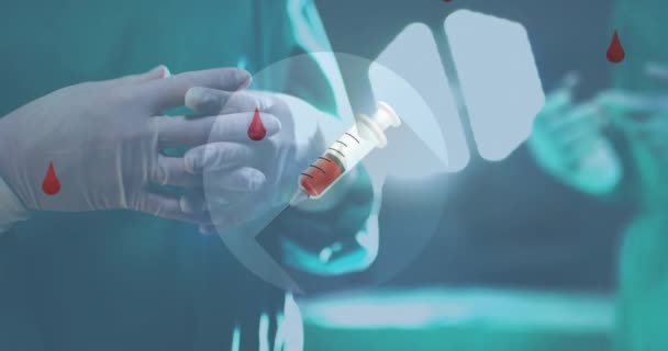 Animering Bloddroppar Och Sprutor Över Kirurgens Händer Sjukhus Global Medicin — Stockvideo