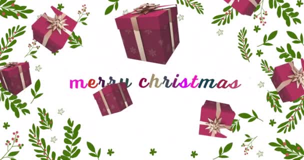 Mutlu Noel Mesajları Hediyelerin Üzerine Yağan Karlar Noel Şenlik Kutlama — Stok video