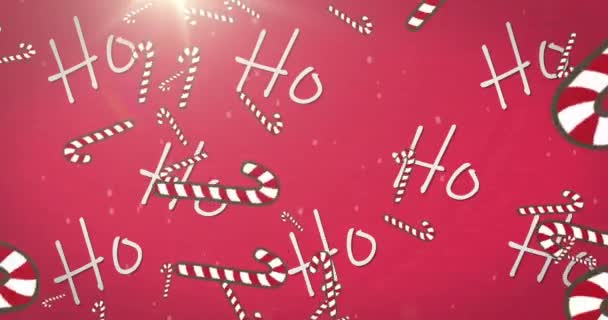 在降雪和红色背景下的糖果手杖上动画的Ho Ho文字 圣诞节 庆祝和传统概念数字制作的录像 — 图库视频影像